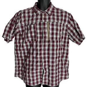 Haband Travelers Button Up Shirt Mens Size L Burgundy White Plaid Short Sleeves
